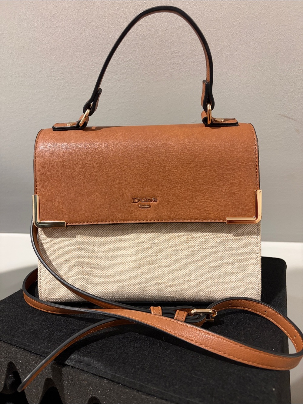 Dune London Tan Leather and Cream Canvas Satchel with Gold Trim